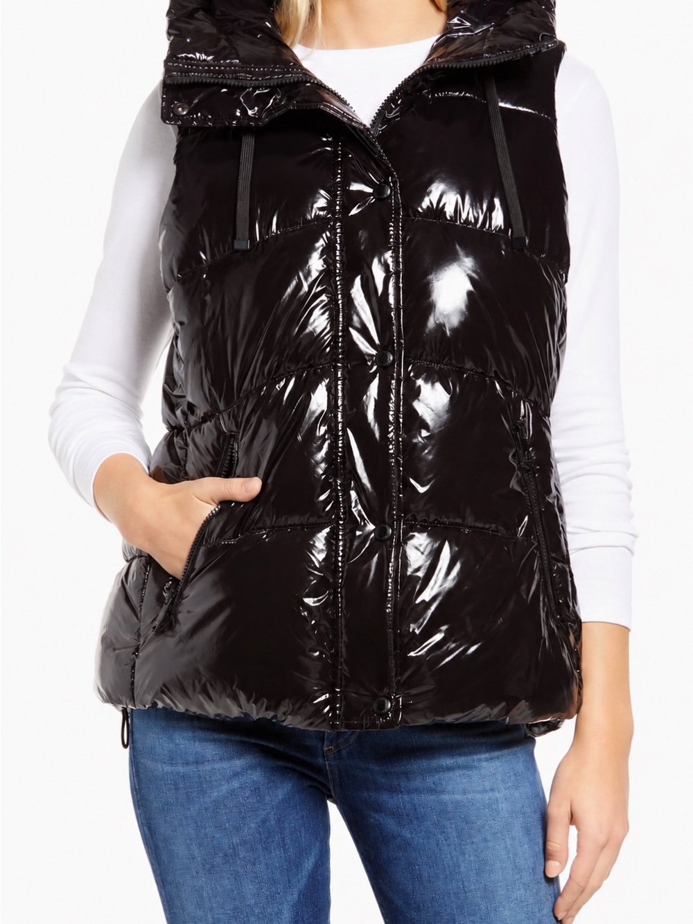 Sam Edelman Hooded Puffer Vest Women’s Black Glossy Quilted Size L